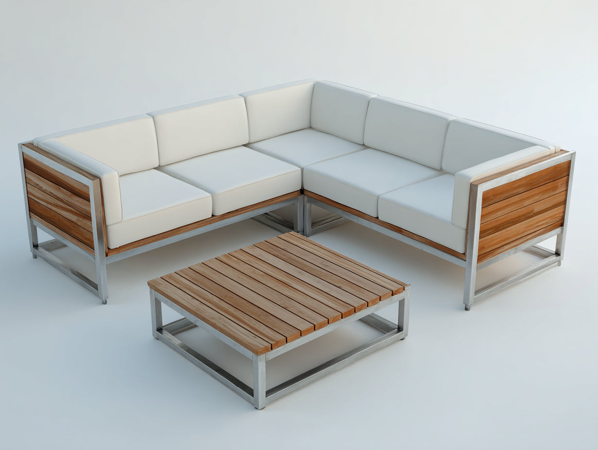 Canapé de jardin - Bois-Métal-Tissu - 246x246x78 cm - Marron-Blanc-Argenté - Style moderne
