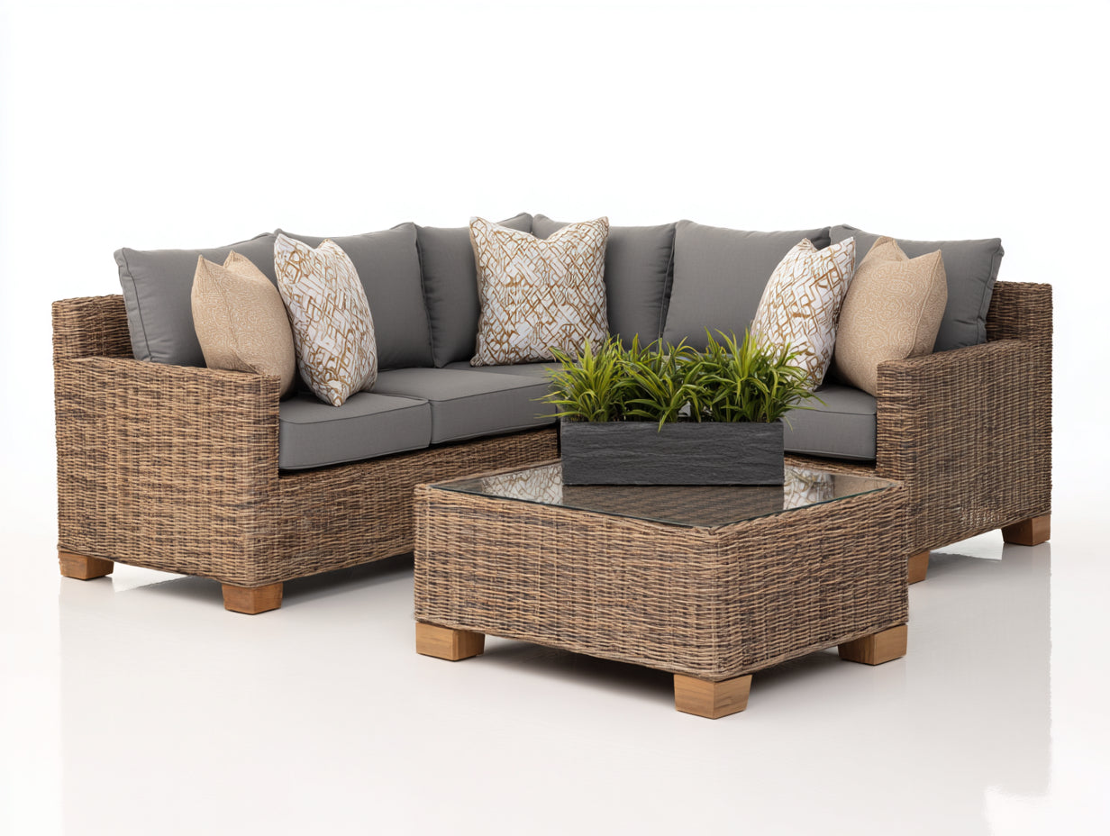 Canapé de jardin - Rotin-Tissu-Verre - 238x238x82 cm - Marron-Gris - Style contemporain