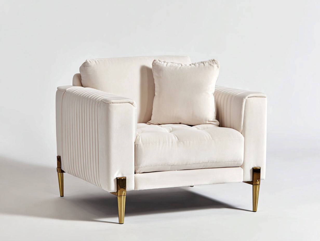 Fauteuil - Tissu-Métal - 99 x 92 x 85 cm - Crème-Doré - Style contemporain