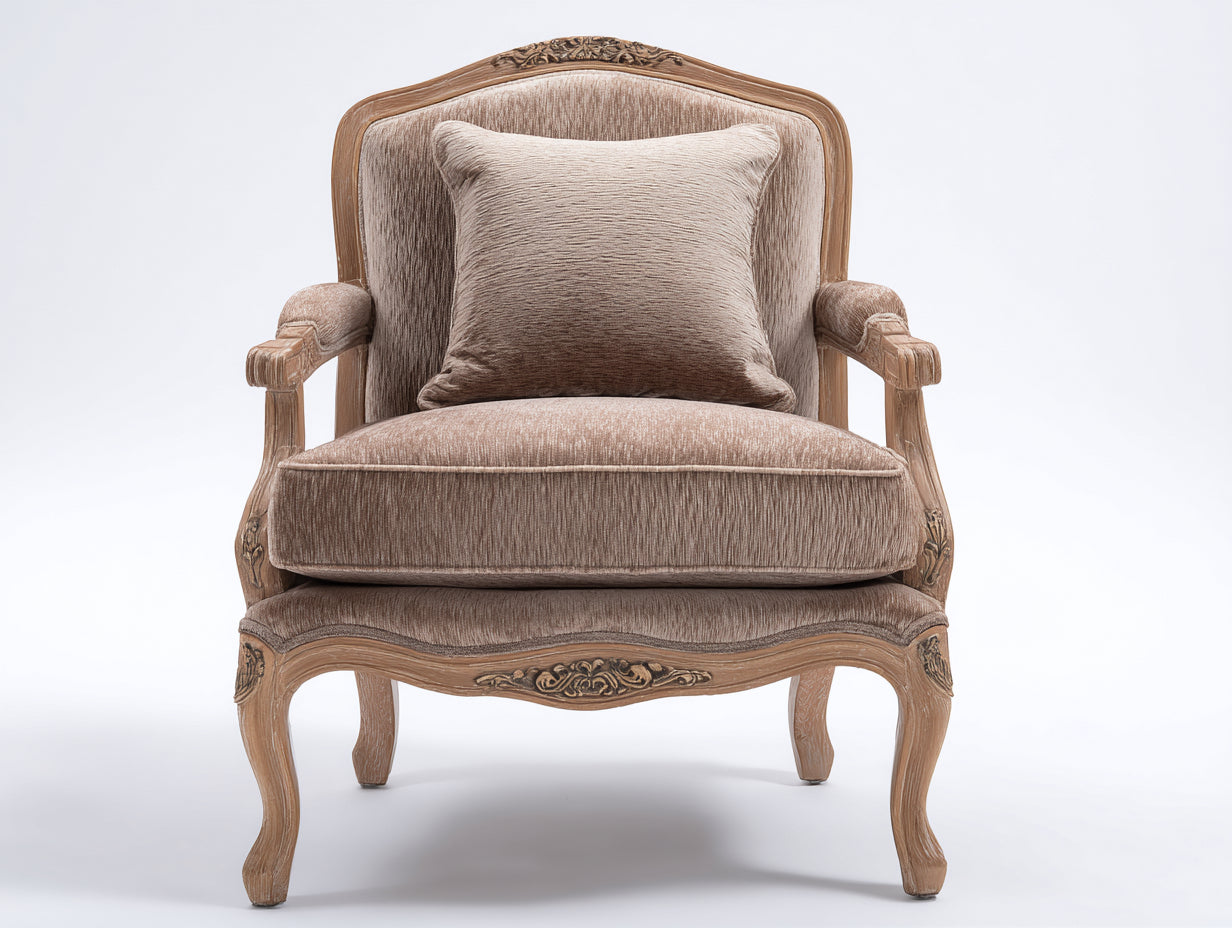 Fauteuil - Velours-Bois - 84 x 80 x 96 cm - Beige-Marron - Style classique