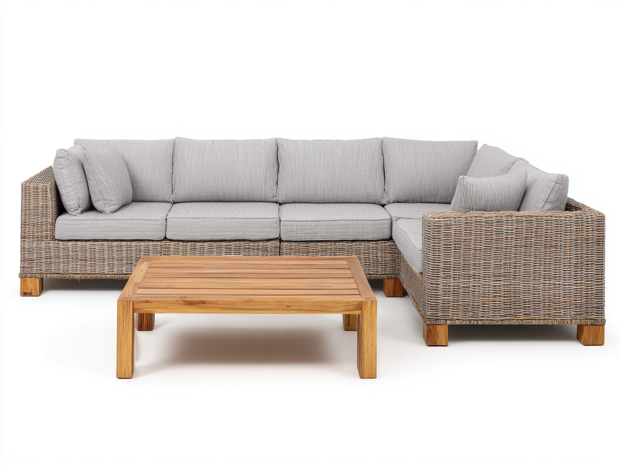 Canapé de jardin - Rotin tressé-Tissu-Bois - 286x186x82 cm - Marron-Gris clair - Style contemporain