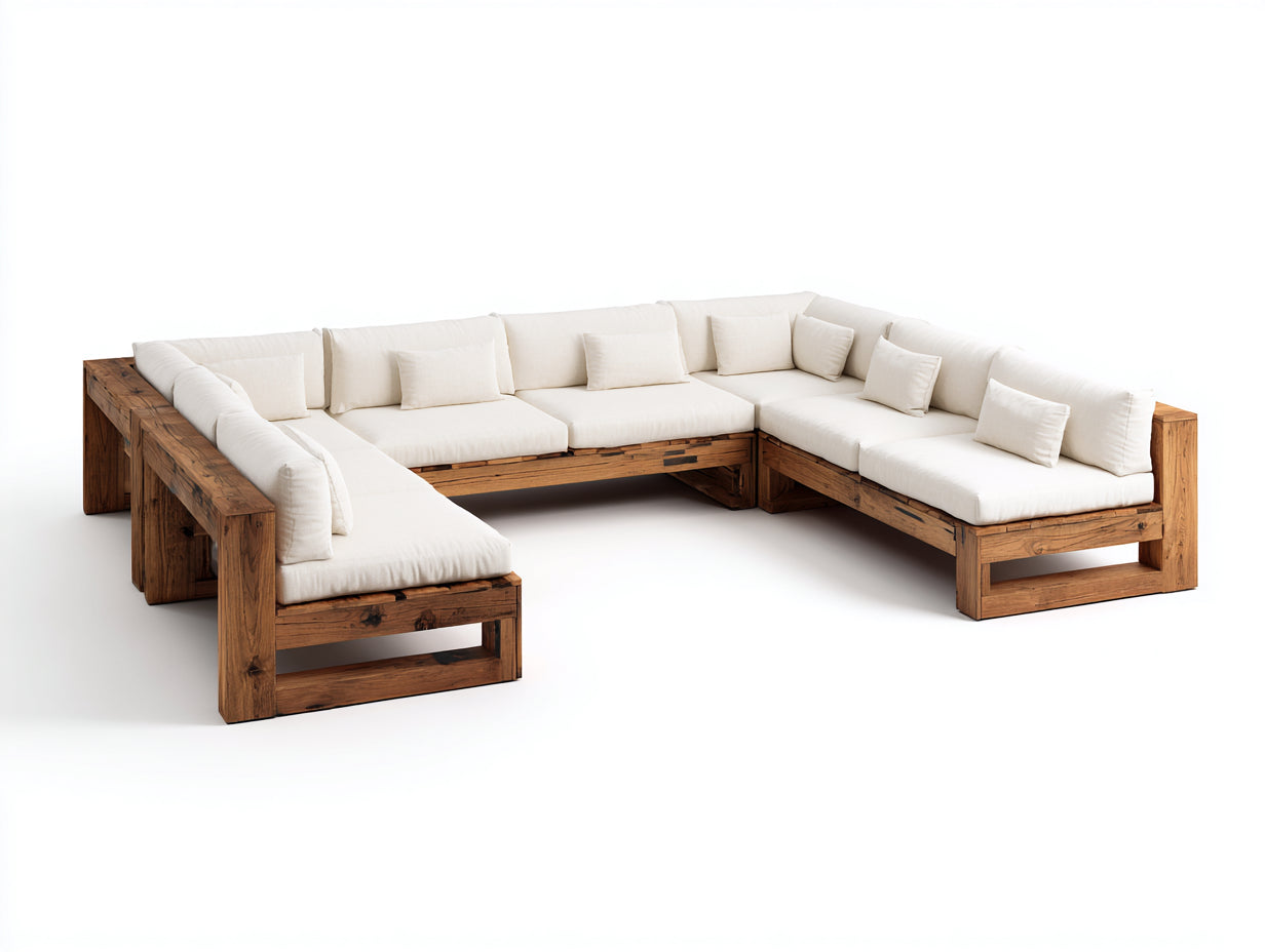 Canapé de jardin - Bois massif-Tissu - 330x250x70 cm - Marron-Écru - Style moderne