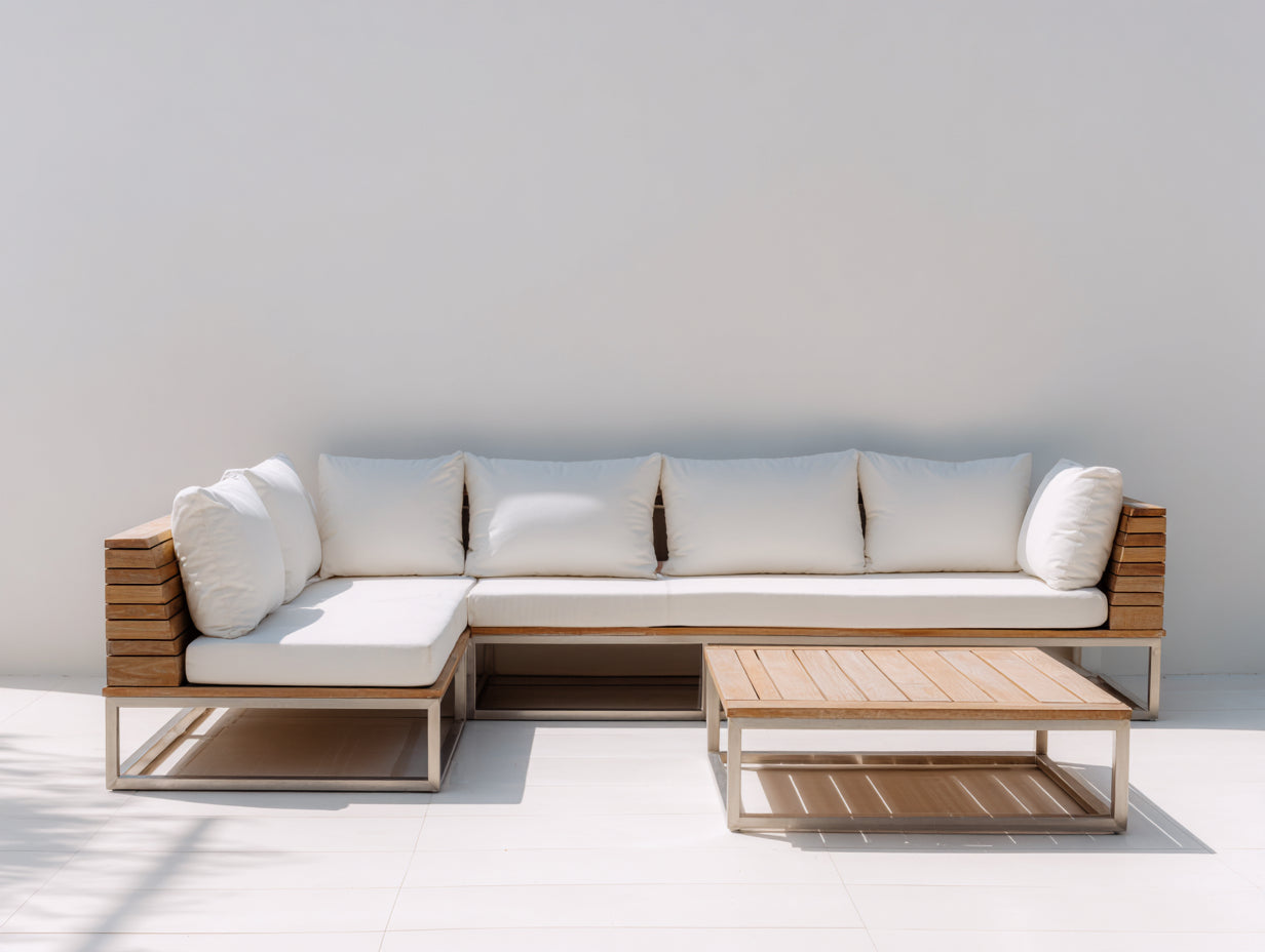 Canapé de jardin - Bois massif-Acier-Tissu - 286x198x78 cm - Marron-Écru-Argenté - Style moderne