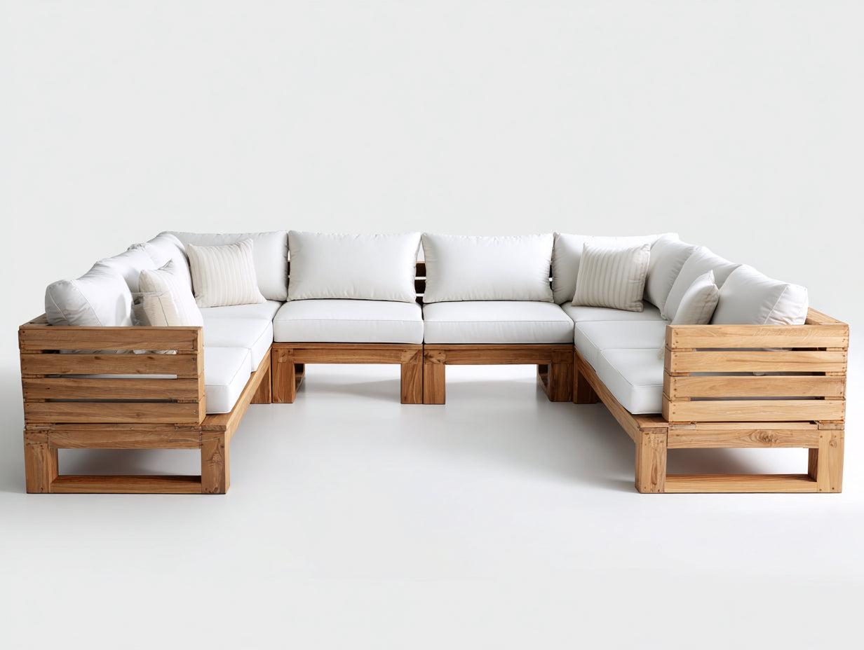 Canapé de jardin - Bois massif-Tissu - 322x224x78 cm - Marron-Blanc - Style moderne