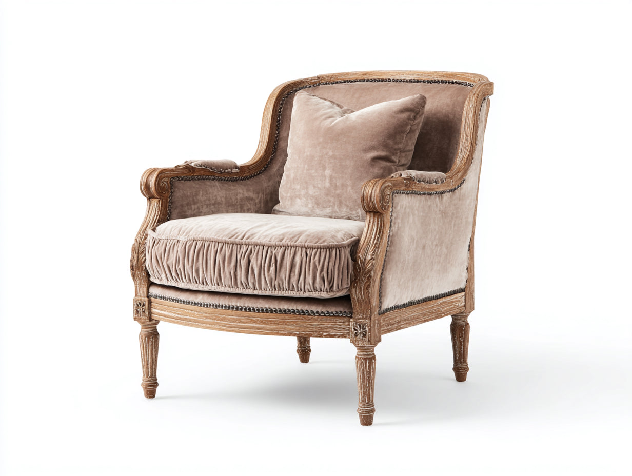 Fauteuil - Velours-Bois - 86 x 82 x 98 cm - Beige-Marron - Style classique