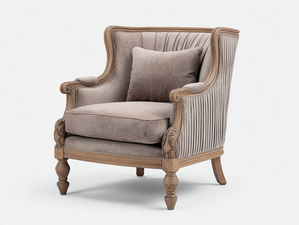 Fauteuil - Velours-Bois - 90 x 86 x 104 cm - Taupe-Beige - Style classique