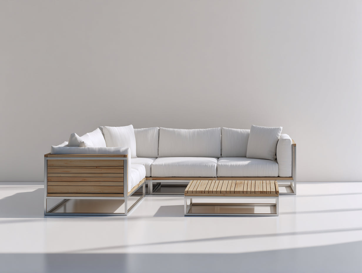 Canapé de jardin - Bois massif-Métal-Tissu - 272x190x75 cm - Beige-Blanc-Argenté - Style moderne