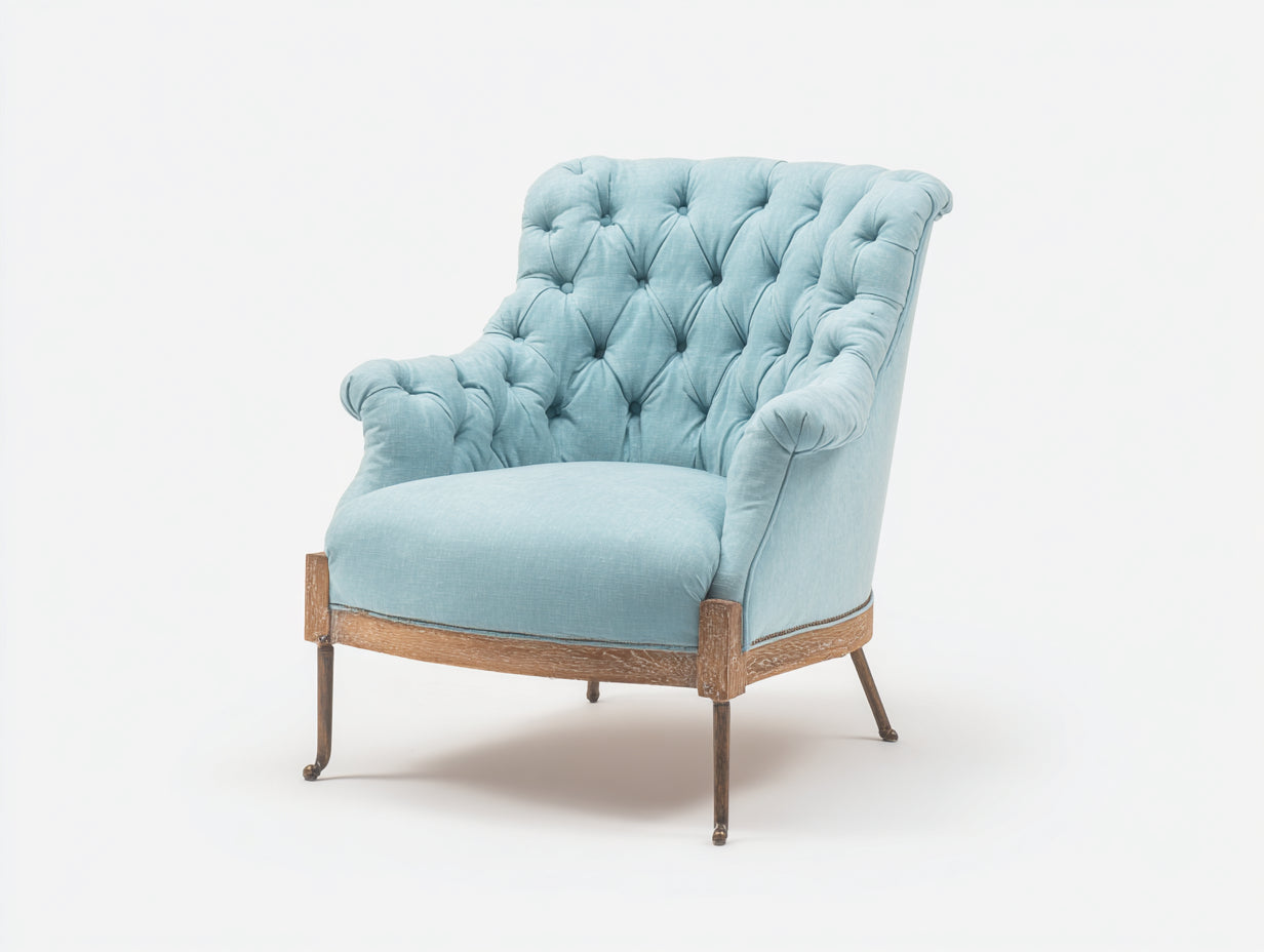 Fauteuil - Tissu-Bois-Métal - 90 x 84 x 98 cm - Bleu clair-Marron - Style classique