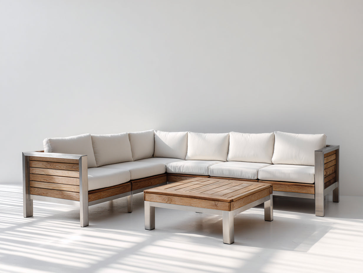 Canapé de jardin - Bois massif-Métal-Tissu - 258x198x76 cm - Marron-Écru-Argenté - Style moderne