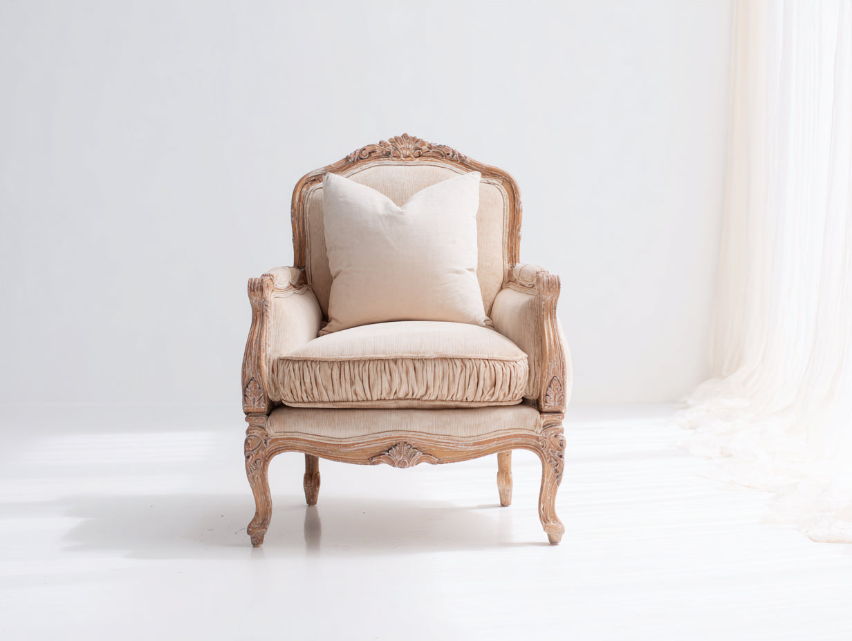Fauteuil - Velours-Bois - 82 x 78 x 98 cm - Beige-Marron - Style classique