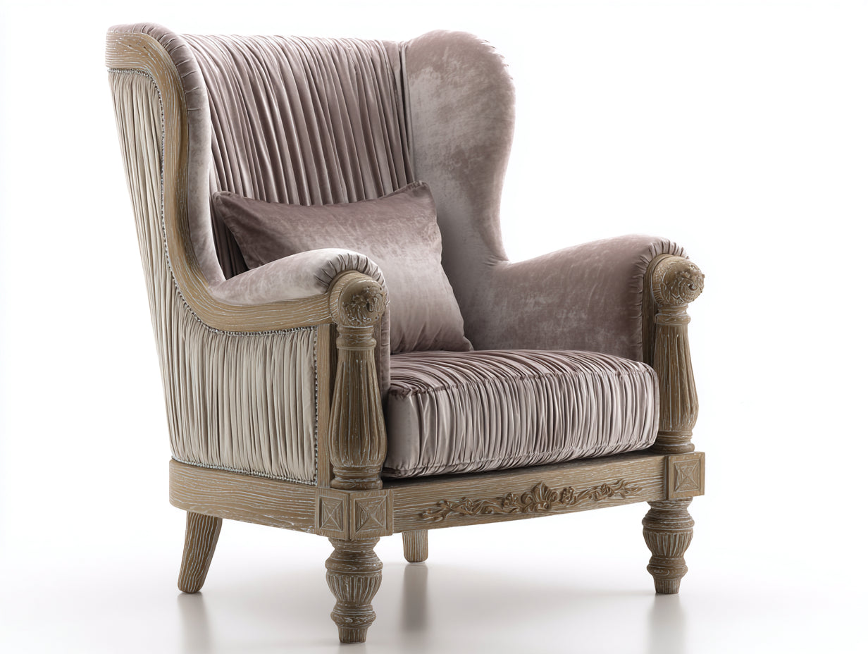 Fauteuil - Velours-Bois - 86 x 82 x 112 cm - Taupe-Beige - Style classique